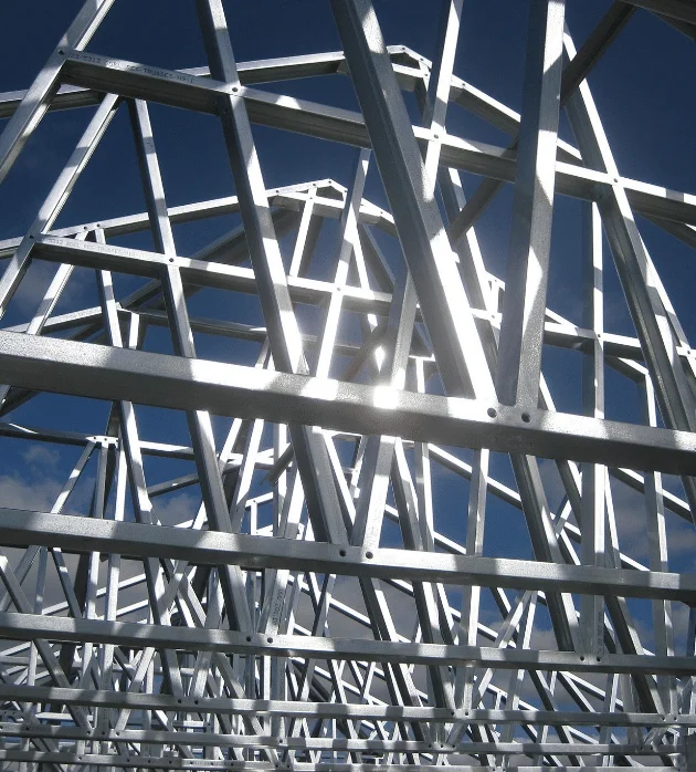 Close-up of galvanized steel roof trusses for Mississippi barndo